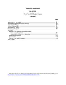Department of Education IMPACT AID Fiscal Year 2014 Budget Request CONTENTS Page Appropriations Language .......................................................................................................... D-1