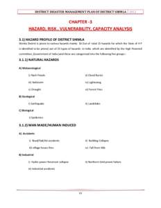 DISTRICT DISASTER MANAGEMENT PLAN OF DISTRICT SHIMLA[removed]CHAPTER -3 HAZARD, RISK , VULNERABILITY, CAPACITY ANALYSIS 3.1) HAZARD PROFILE OF DISTRICT SHIMLA Shimla District is prone to various hazards mainly 16 Out of to