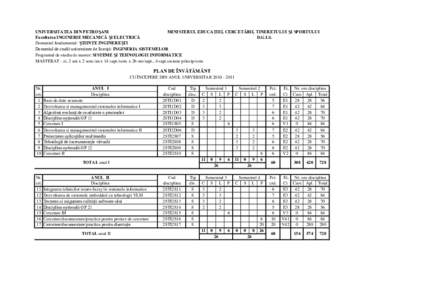 UNIVERSITATEA DIN PETROŞANI MINISTERUL EDUCAŢIEI, CERCETĂRII, TINERETULUI ŞI SPORTULUI Facultatea INGINERIE MECANICĂ ŞI ELECTRICĂ D.G.I.S. Domeniul fundamental: ŞTIINŢE INGINEREŞTI Domeniul de studii universita