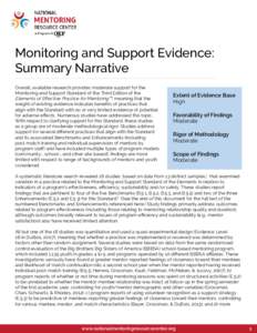 Monitoring and Support Evidence: Summary Narrative Overall, available research provides moderate support for the Monitoring and Support Standard of the Third Edition of the Elements of Effective Practice for Mentoring™