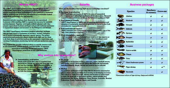 What is ABOT?  Benefits The ABOT (agree-build-operate-transfer) AquaNegosyo is one of SEAFDEC Aquaculture Department’s programs to disseminate