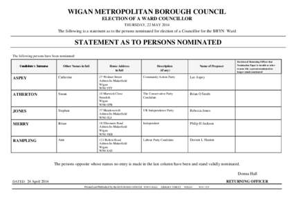 WIGAN METROPOLITAN BOROUGH COUNCIL ELECTION OF A WARD COUNCILLOR THURSDAY, 22 MAY 2014 The following is a statement as to the persons nominated for election of a Councillor for the BRYN Ward