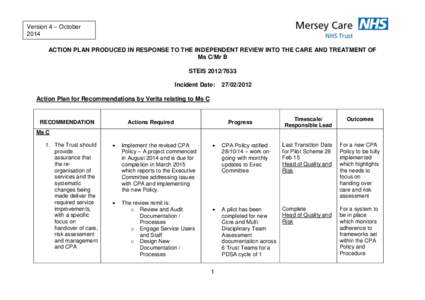 Version 4 – October 2014 ACTION PLAN PRODUCED IN RESPONSE TO THE INDEPENDENT REVIEW INTO THE CARE AND TREATMENT OF Ms C/Mr B STEIS[removed]Incident Date:
