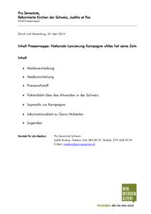 Pro Senectute, Reformierte Kirchen der Schweiz, Justitia et Pax Inhalt Pressemappe Zürich und Neuenburg, 24. April 2014