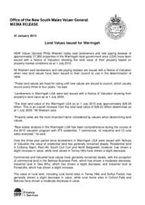 31 January[removed]Land Values issued for Warringah NSW Valuer General Philip Western today said landowners and rate paying lessees of approximately 37,990 properties in the Warringah local government area (LGA) have been 