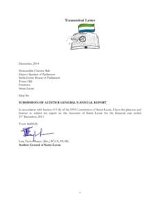 Transmittal Letter  December, 2014 Honourable Chernor Bah Deputy Speaker of Parliament Sierra Leone House of Parliament