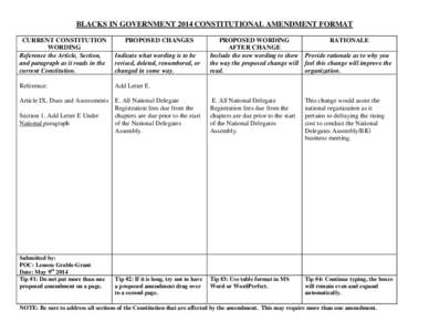 BLACKS IN GOVERNMENT 2014 CONSTITUTIONAL AMENDMENT FORMAT CURRENT CONSTITUTION WORDING Reference the Article, Section, and paragraph as it reads in the current Constitution.