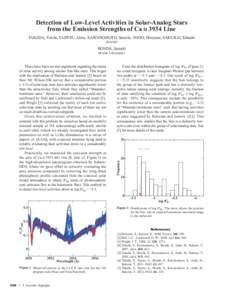 Detection of Low-Level Activities in Solar-Analog Stars from the Emission Strengths of Ca II 3934 Line TAKEDA, Yoichi, TAJITSU, Akito, KAWANOMOTO, Satoshi, ANDO, Hiroyasu, SAKURAI, Takashi (NAOJ)  HONDA, Satoshi