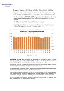 Singapore Reports a -5% Slump in Online Hiring Activity this May ● Singapore’s online recruitment landscape witnessed a -5% annual dip in activity in May 2016, compared with MayThis is a further decline from t