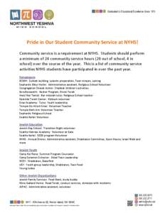 Pride in Our Student Community Service at NYHS!  Northwest Yeshiva High School Community service is a requirement at NYHS. Students should perform a minimum of 24 community service hours (20 out of school, 4 in