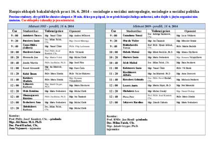 Rozpis obhajob bakalářských prací [removed] – sociologie a sociální antropologie, sociologie a sociální politika Prosíme studenty, aby přišli ke zkoušce alespoň o 30 min. dříve pro případ, ţe se př