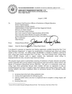 THE STATE EDUCATION DEPARTMENT / THE UNIVERSITY OF THE STATE OF NEW YORK / ALBANY, NY[removed]SENIOR DEPUTY COMMISSIONER OF EDUCATION – P-16 Office of Elementary, Middle, Secondary and Continuing Education Office of Hig