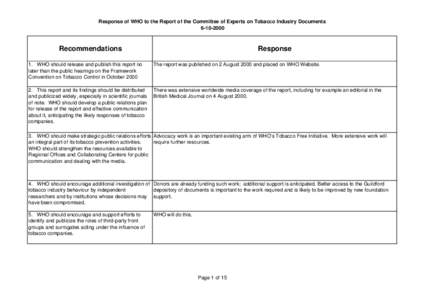 Response of WHO to the Report of the Committee of Experts on Tobacco Industry Documents[removed]Recommendations  Response