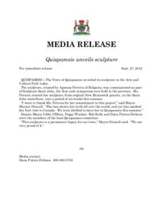 MEDIA RELEASE Quispamsis unveils sculpture For immediate release Sept. 27, 2012