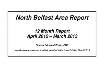 North Belfast Area Report 12 Month Report April 2012 – March 2013 Figures Extracted 9th May 2013 Includes progress against priorities identified in the Local Policing Plan[removed]