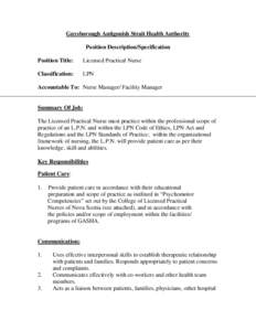 Guysborough Antigonish Strait Health Authority Position Description/Specification Position Title: Licensed Practical Nurse