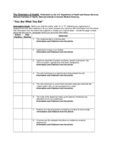 The Chemistry of Health: Publication by the U.S. Department of Health and Human Services, National Institutes of Health, National Institute of General Medical Sciences. “You Are What You Eat” Anticipation Guide: Befo