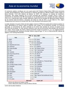 Asia en la economía mundial El continente asiático contribuye con una cuarta parte del Producto Interno Bruto (PIB) de la economía mundial, aproximadamente. Dicha contribución es apenas equivalente al PIB de Estados 