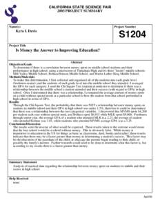 CALIFORNIA STATE SCIENCE FAIR 2003 PROJECT SUMMARY Name(s)  Kyra I. Davis