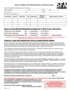 SPEAK FOR ANIMALS’ SPAY/NEUTER REQUEST AND RELEASE FORM Name of Authorized Guardian/Agent for Animal(s)______________________________ Physical Address: ______________________ City: __________________ State: _____ Zip: 