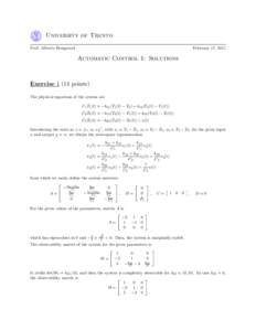 University of Trento Prof. Alberto Bemporad February 17, 2011  Automatic Control 1: Solutions