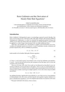 Boris Goldstein and the Derivation of Steady-State Rate Equations∗ Athel Cornish-Bowden Unité de Bioénergétique et Ingénierie des Protéines, Institut de Microbiologie de la Méditerranée, Centre National de la Re