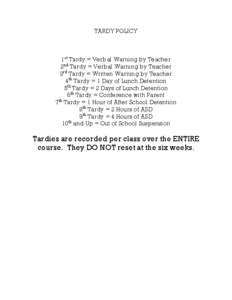 TARDY POLICY  1st Tardy = Verbal Warning by Teacher 2nd Tardy = Verbal Warning by Teacher 3rd Tardy = Written Warning by Teacher 4th Tardy = 1 Day of Lunch Detention