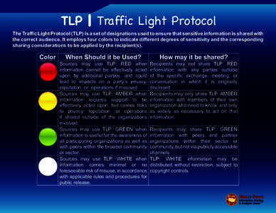 TLP | Traffic Light Protocol  The Traffic Light Protocol (TLP) is a set of designations used to ensure that sensitive information is shared with the correct audience. It employs four colors to indicate different degrees 