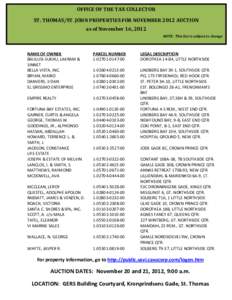 OFFICE OF THE TAX COLLECTOR ST. THOMAS/ST. JOHN PROPERTIES FOR NOVEMBER 2012 AUCTION as of November 16, 2012 NOTE: This list is subject to change  NAME OF OWNER