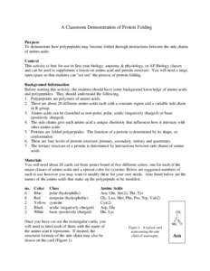 A Classroom Demonstration of Protein Folding Purpose To demonstrate how polypeptides may become folded through interactions between the side chains of amino acids. Context This activity is best for use in first-year biol