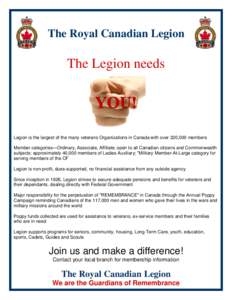 The Royal Canadian Legion  The Legion needs Legion is the largest of the many veterans Organizations in Canada with over 320,000 members Member categories—Ordinary, Associate, Affiliate; open to all Canadian citizens a