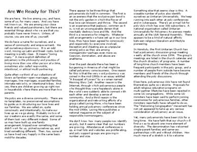 Are We Ready for This? We are here. We live among you, and have, some of us, for many years. And you have not known us. We are among your close friends and valued parishioners, but there are essential things about who we