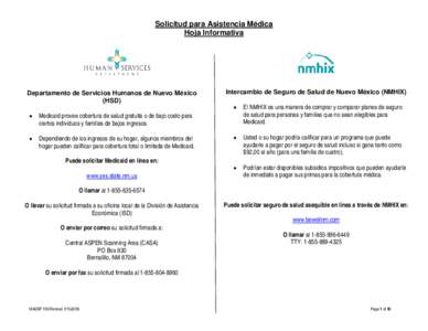 Solicitud para Asistencia Médica Hoja Informativa Departamento de Servicios Humanos de Nuevo México (HSD) •