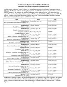 Norfolk County Register of Deeds William P. O’Donnell Announces 2016 Spring Community Outreach Schedule Norfolk County Register of Deeds William P. O’Donnell announces the 2016 Spring Community Outreach Schedule. The