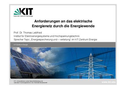 Anforderungen an das elektrische Energienetz durch die Energiewende Prof. Dr. Thomas Leibfried Institut für Elektroenergiesysteme und Hochspannungstechnik Sprecher Topic „Energiespeicherung und – verteilung“ im KI