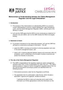 MEMORANDUM OF UNDERSTANDING BETWEEN THE MINISTRY OF JUSTICE AND THE LEGAL OMBUDSMAN