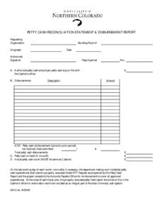 PETTY CASH RECONCILIATION STATEMENT & DISBURSEMENT REPORT Requesting Organization Building/Room #