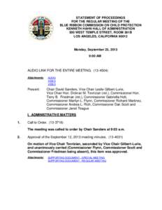 STATEMENT OF PROCEEDINGS FOR THE REGULAR MEETING OF THE BLUE RIBBON COMMISSION ON CHILD PROTECTION KENNETH HAHN HALL OF ADMINISTRATION 500 WEST TEMPLE STREET, ROOM 381B LOS ANGELES, CALIFORNIA 90012