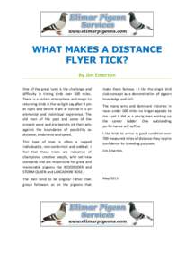 WHAT MAKES A DISTANCE FLYER TICK? By Jim Emerton One of the great lures is the challenge and difficulty in timing birds over 500 miles. There is a certain atmosphere and magic to