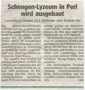 •  Luxemburg steuert 10,4 Das deutsch-Iuxemburgische Schengen-Lyzeum in Perl ist Oprer seines Erfolgs. Im August 2007