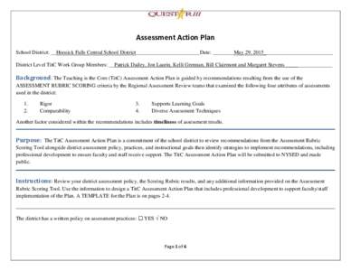 Assessment Action Plan School District: __Hoosick Falls Central School District________________________Date: ________May 29, 2015__________________________ District Level TitC Work Group Members: __Patrick Dailey, Jon La