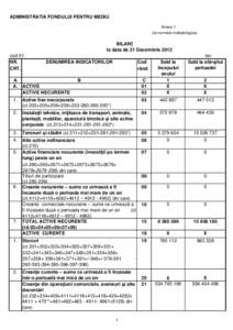 ADMINISTRATIA FONDULUI PENTRU MEDIU Anexa 1 (la normele metodologice) BILANŢ la data de 31 Decembrie 2012