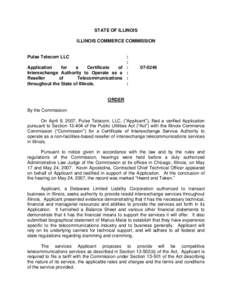 STATE OF ILLINOIS ILLINOIS COMMERCE COMMISSION Pulse Telecom LLC  :