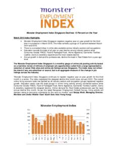 Monster Employment Index Singapore Declines 13 Percent on the Year March 2015 Index Highlights: • • •