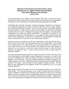 Statement of FCA Chairman and CEO Leland A. Strom Regarding the U.S. AgBank-CoBank Proposed Merger at the Special Meeting of the FCA Board June 22, 2011