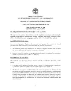 STATE OF TENNESSEE DEPARTMENT OF ENVIRONMENT AND CONSERVATION DIVISION OF UNDERGROUND STORAGE TANKS COMPLIANCE GUIDANCE DOCUMENT[removed]EFFECTIVE DATE - July 29, 1996 (REVISION DATE - July 19, 1999)