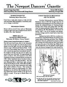 The Newport Dancers’ Gazette Newport Vintage Dance Week Editor: Katy Bishop, The Commonwealth Vintage Dancers Volume XIII, Number 2 Wednesday, 16 August 2006