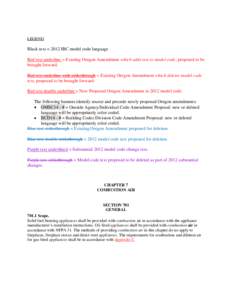 LEGEND  Black text = 2012 IBC model code language Red text underline = Existing Oregon Amendment which adds text to model code, proposed to be brought forward. Red text underline with strikethrough = Existing Oregon Amen