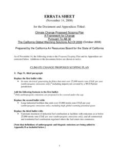 ERRATA SHEET (November 14, 2008) for the Document and Appendices Titled: Climate Change Proposed Scoping Plan A Framework for Change Pursuant To AB 32