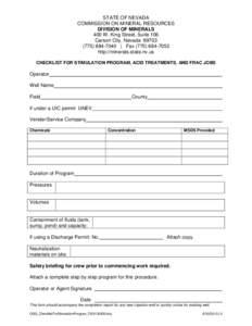 STATE OF NEVADA COMMISSION ON MINERAL RESOURCES DIVISION OF MINERALS 400 W. King Street, Suite 106 Carson City, Nevada[removed]7040 | Fax[removed]